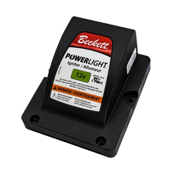 Beckett PowerLight 12V igniter in a black mounting housing with warning label