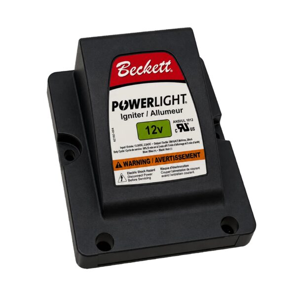 Beckett PowerLight 12V igniter module mounted in a black plastic housing.
