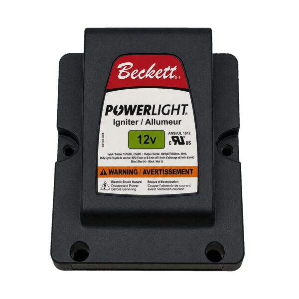 Beckett PowerLight igniter module in a dark plastic housing with a red Beckett logo and a green 12V indicator on the label, plus warning text at the bottom.