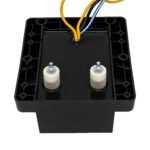 Battery terminals with yellow, black, and blue wires entering a black plastic enclosure from the top.
