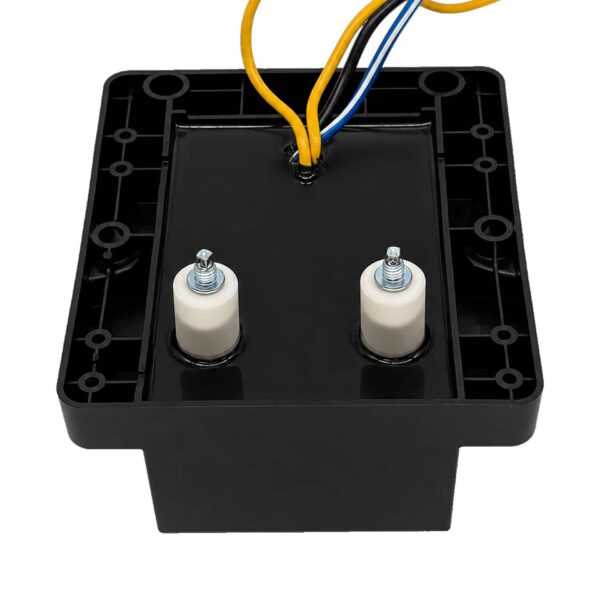 Battery terminals with yellow, black, and blue wires entering a black plastic enclosure from the top.