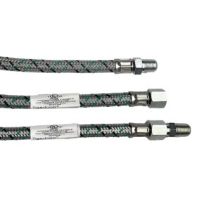 Braided stainless steel hose with green accents and metal compression fittings on both ends; label visible along length (Tigerloop) for a fluid connection system.