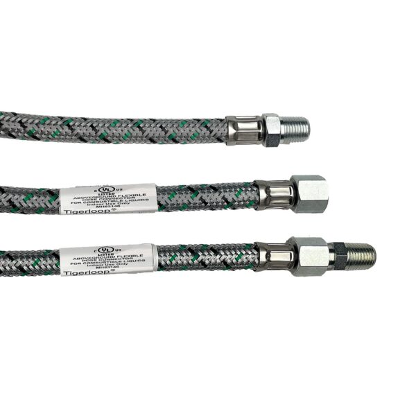 Braided stainless steel hose with green accents and metal compression fittings on both ends; label visible along length (Tigerloop) for a fluid connection system.