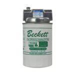 Beckett high-efficiency heating oil filter canister with metal top and green label text on white body.