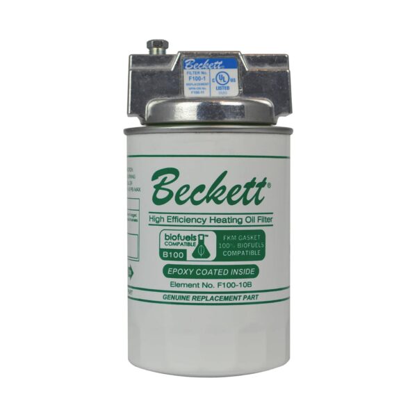 Beckett high-efficiency heating oil filter canister with metal top and green label text on white body.