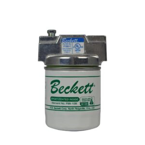 Beckett fuel filter canister with metal top and green Beckett label used in heating systems