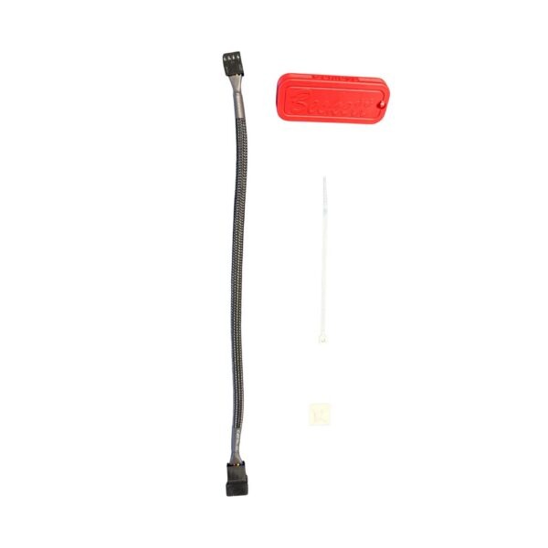 Black braided cable with a small multi-pin connector at the end and a red plastic tag nearby on white background.