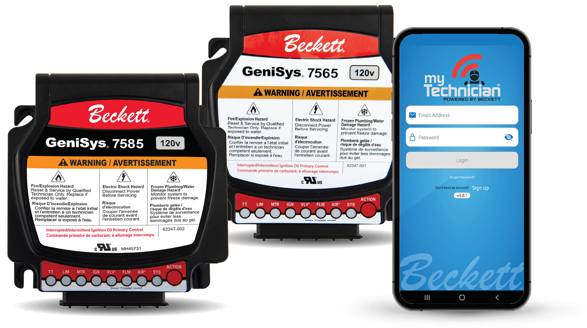 GeniSys-7565-7585-Advanced-Burner-Controls-with-myTechnician-Mobile-App-optimized Beckett GeniSys 7585 and 7565 diagnostic modules with warning labels beside a blue My Technician login screen on a smartphone as a branding/tech collage