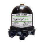 Tigerloop BIO oil de-aerator with green stripe label and multiple ports visible at the bottom