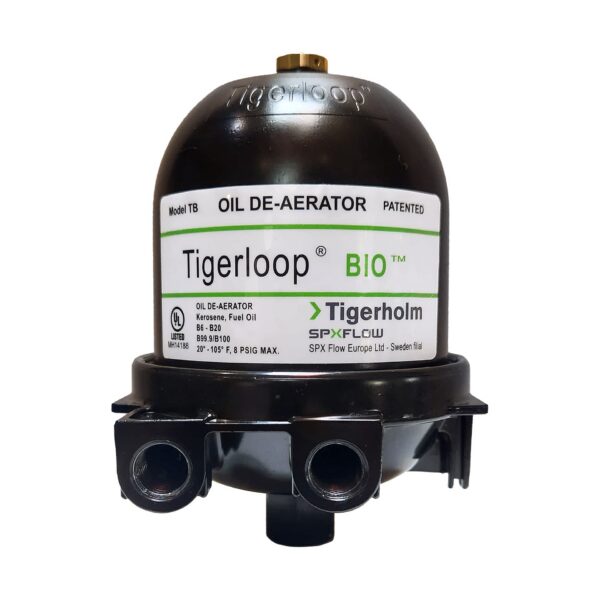 Tigerloop BIO oil de-aerator with green stripe label and multiple ports visible at the bottom