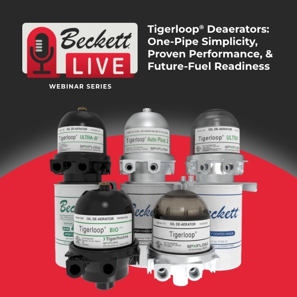 Tigerloop Webinar Ad Beckett Live webinar banner with six Tigerloop deaerators displayed below a dark background and red arc backdrop.