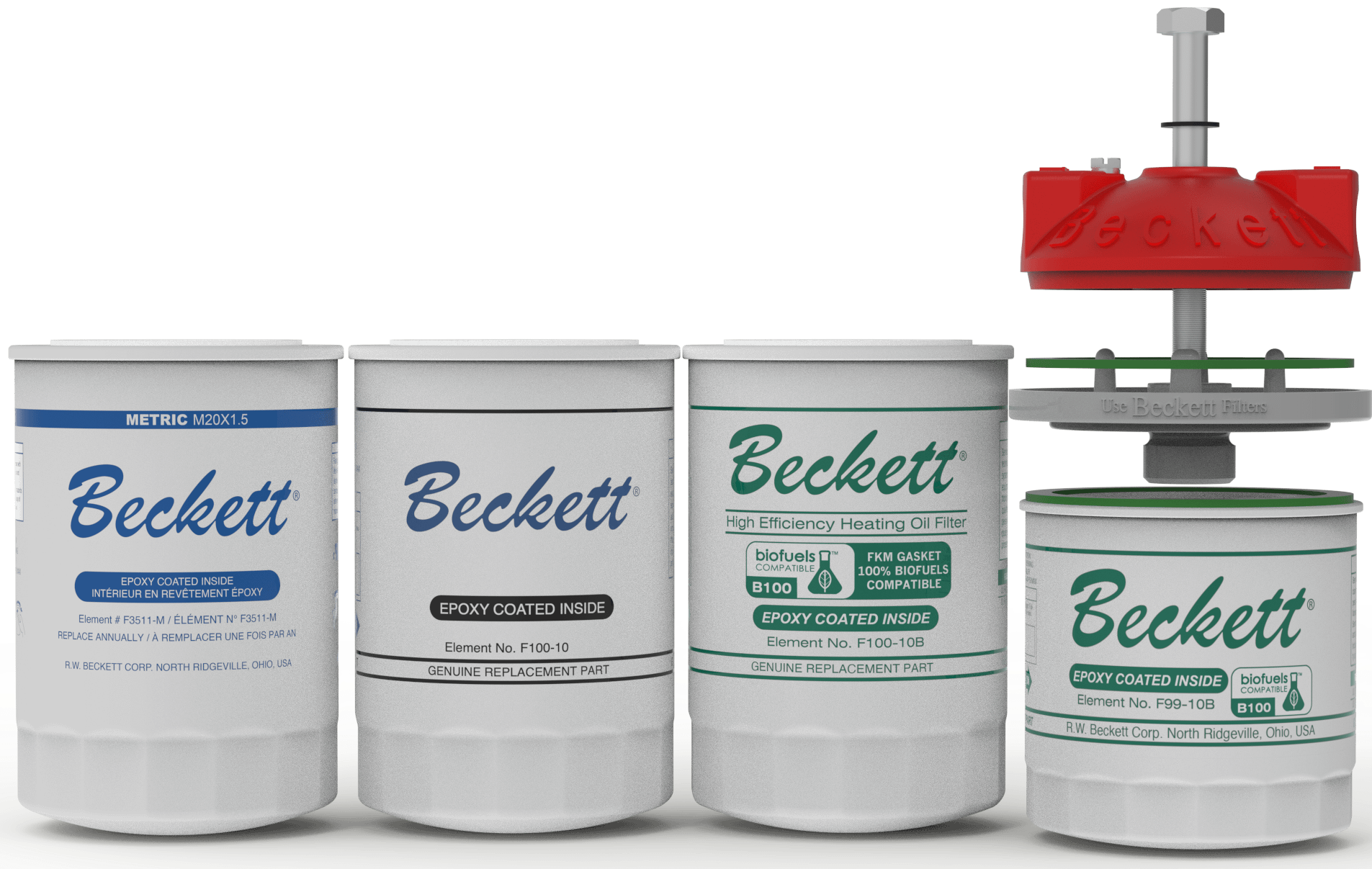 Row of Beckett oil filter cans with a red adjustment device on the right side.